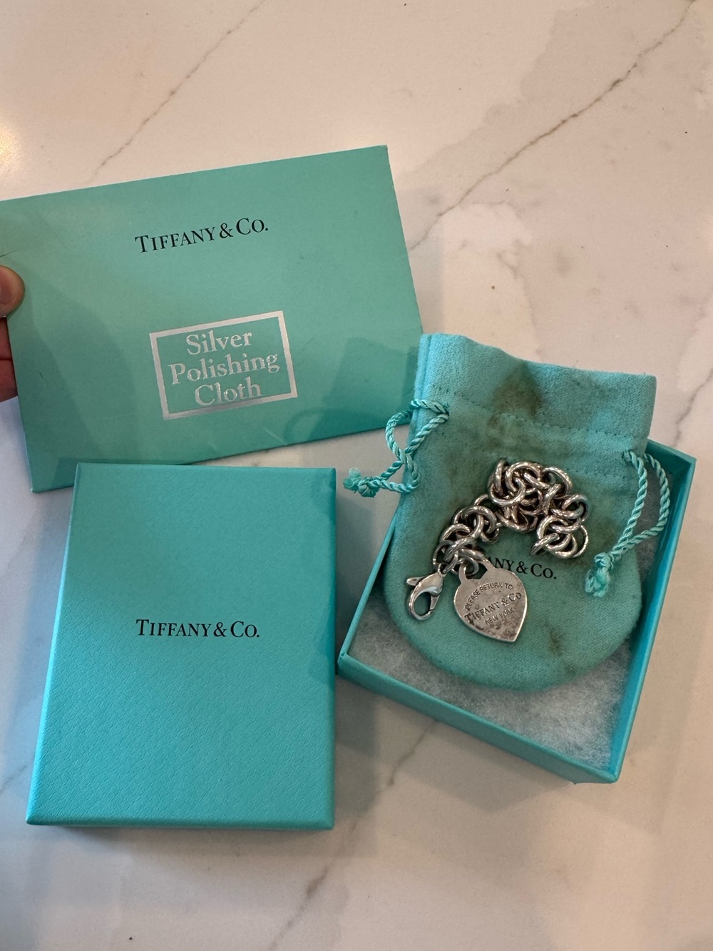 Return to Tiffany Heart Tag Charm Bracelet Sterling Silver w/ Box, Pouch + Cloth